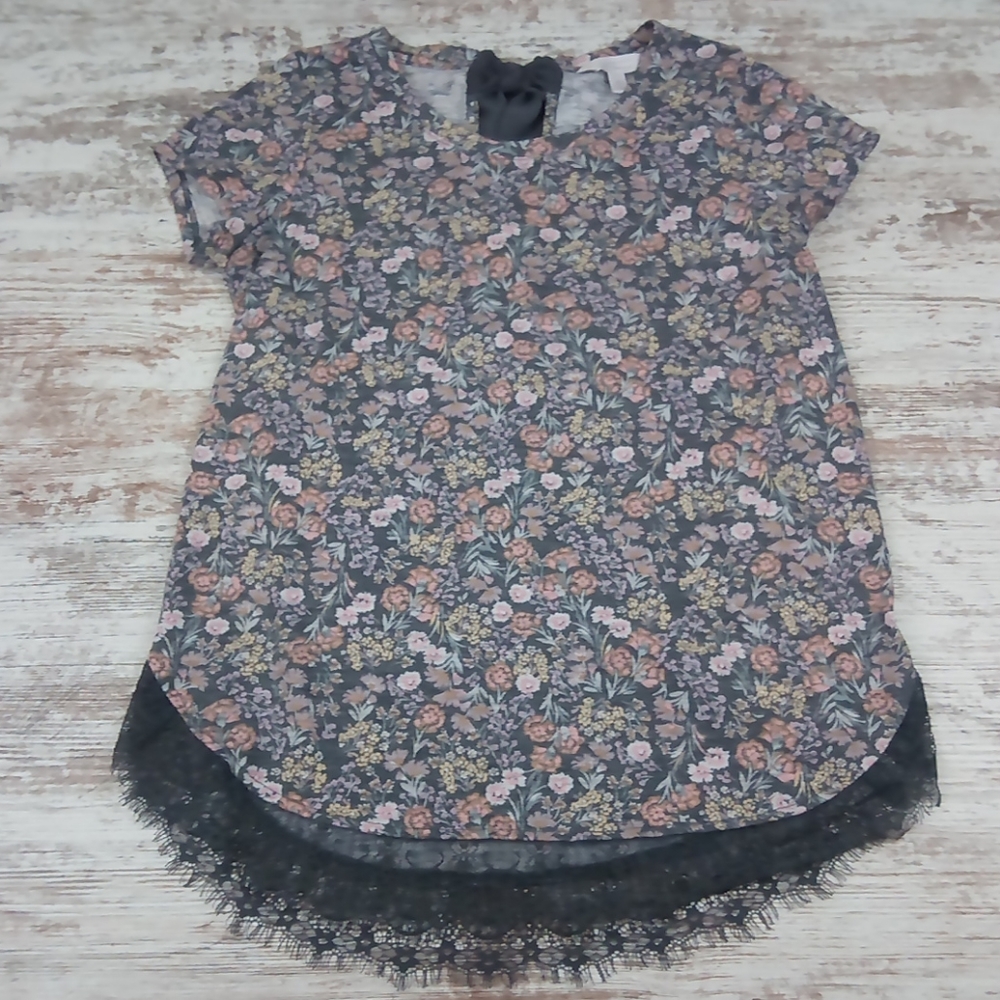 Floral Lacey Printed Patterned Bow Tie Cut Out  Short Sleeve Blouse Top